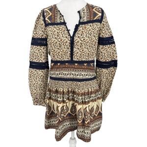 SEA New York Boho Block-Print Cotton Mini Dress | Size 6 | Navy/Rust | Designer